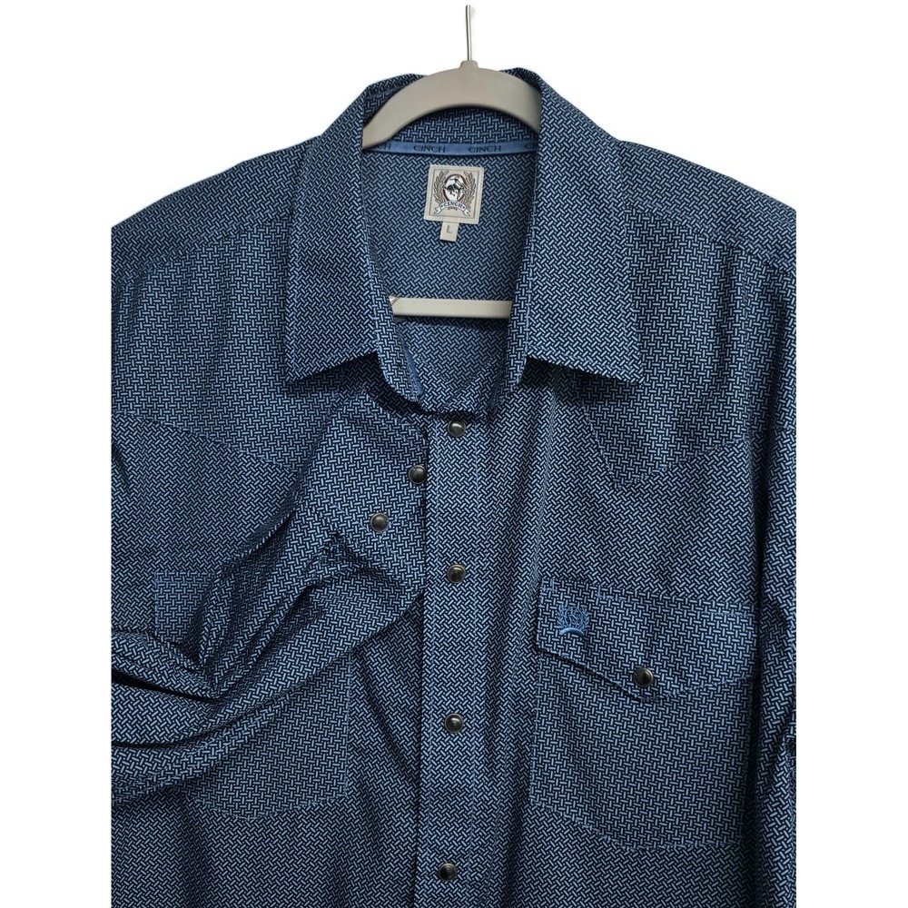 Cinch Mens Blue Geometric Print Western Pearl Snap Long Sleeve Shirt Large